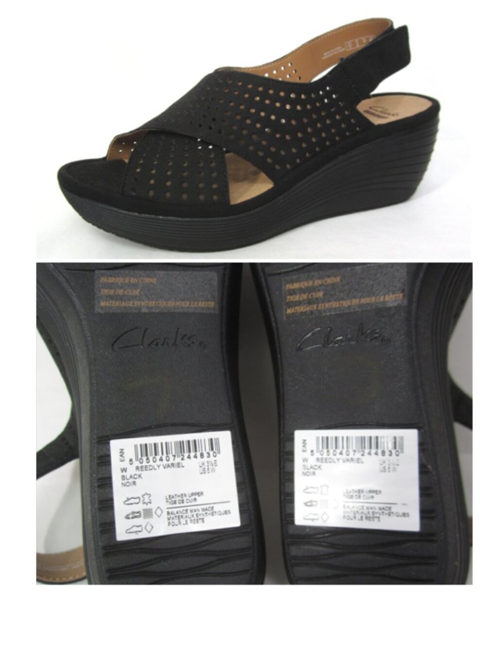 Clarks Womens Size 6 W 6W Wide Reedly Variel Black Wedge Sandals Leather